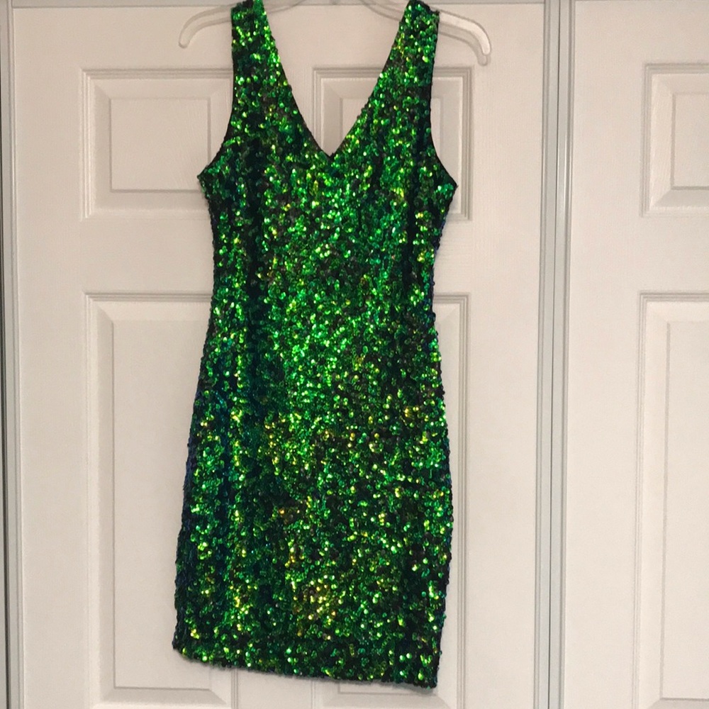 Green sequin body con dress